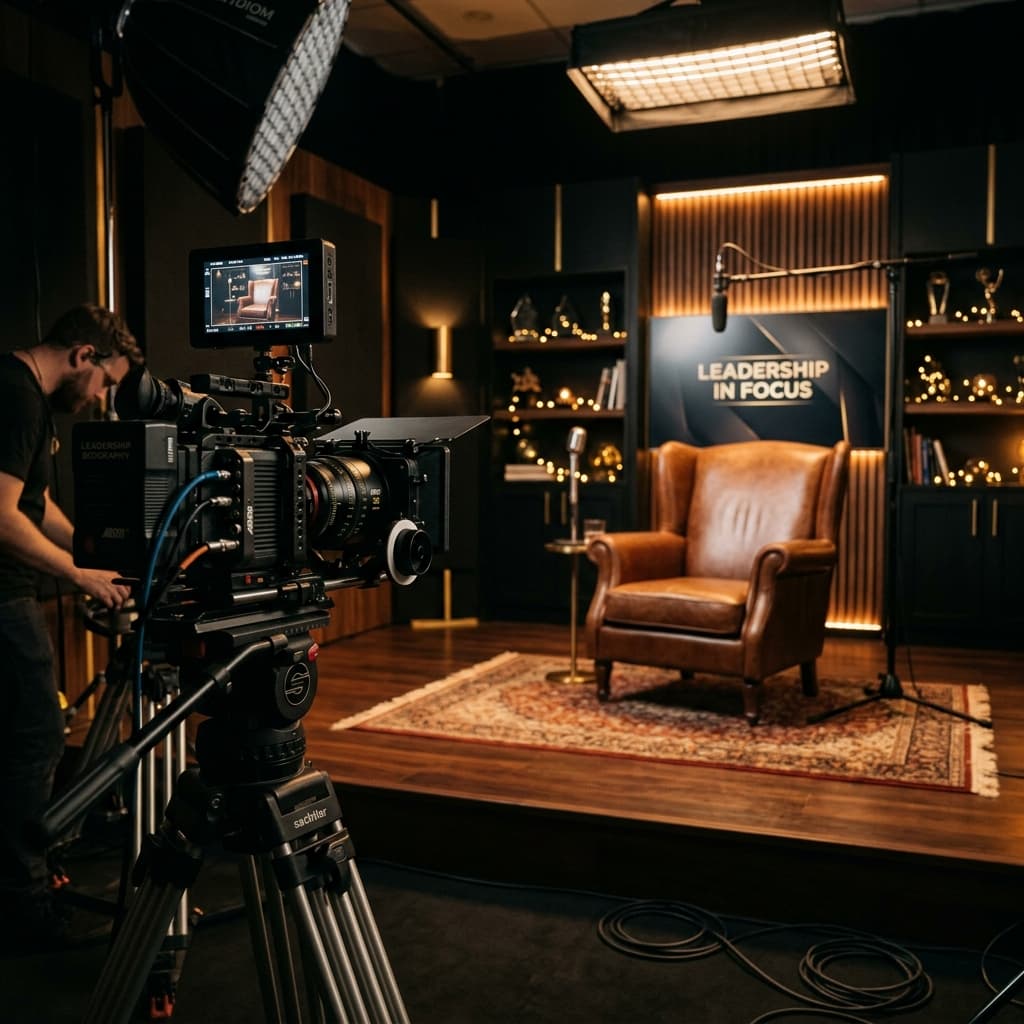 Cinematic production set with high-end camera recording oral history interview for Imprint Legacy